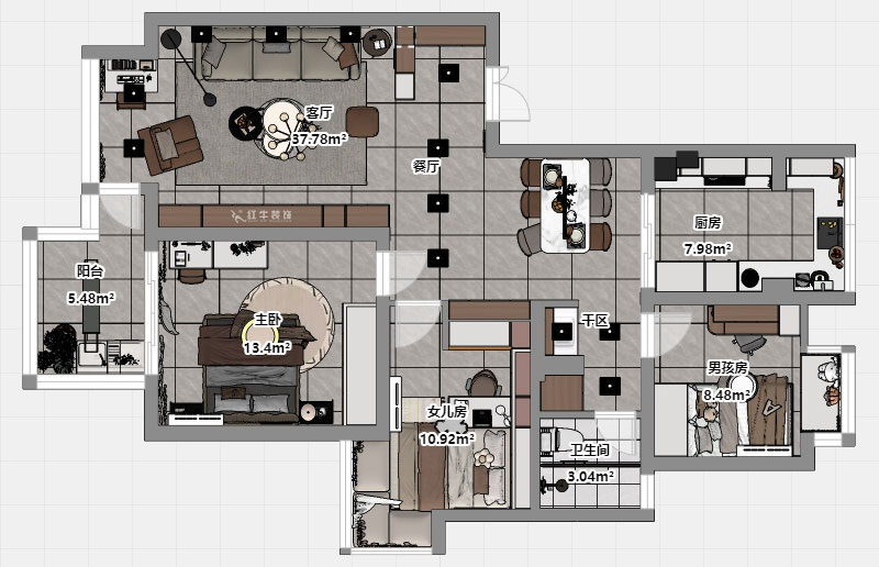 蒋琛｜万达华府西苑6-401-106㎡-现代简约风格｜3室2厅1卫｜老房装修｜定制家｜全包13万｜00_03平面彩图